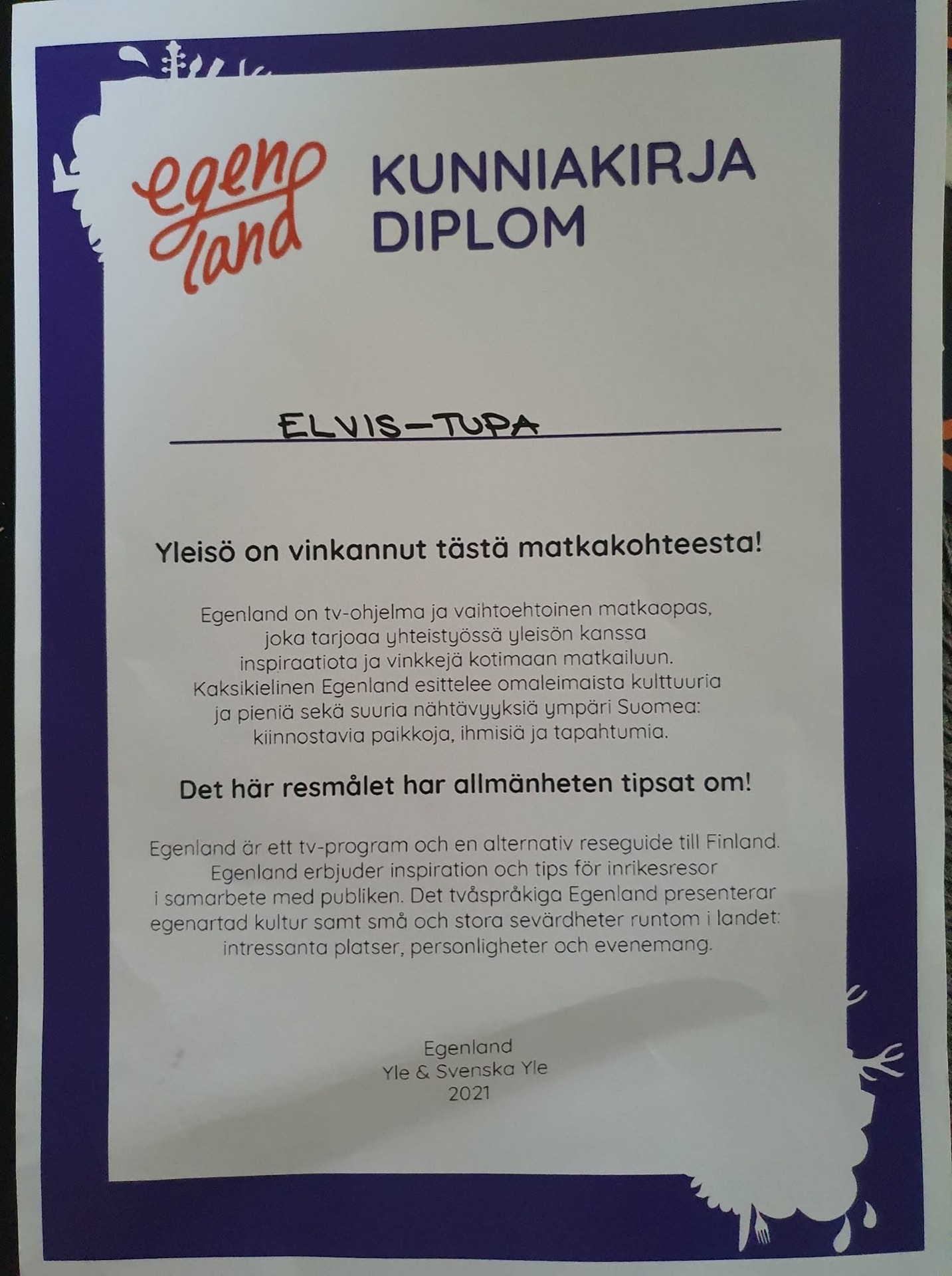 Egenland-kunniakirja Elvis-tuvalle vuodelta 2021