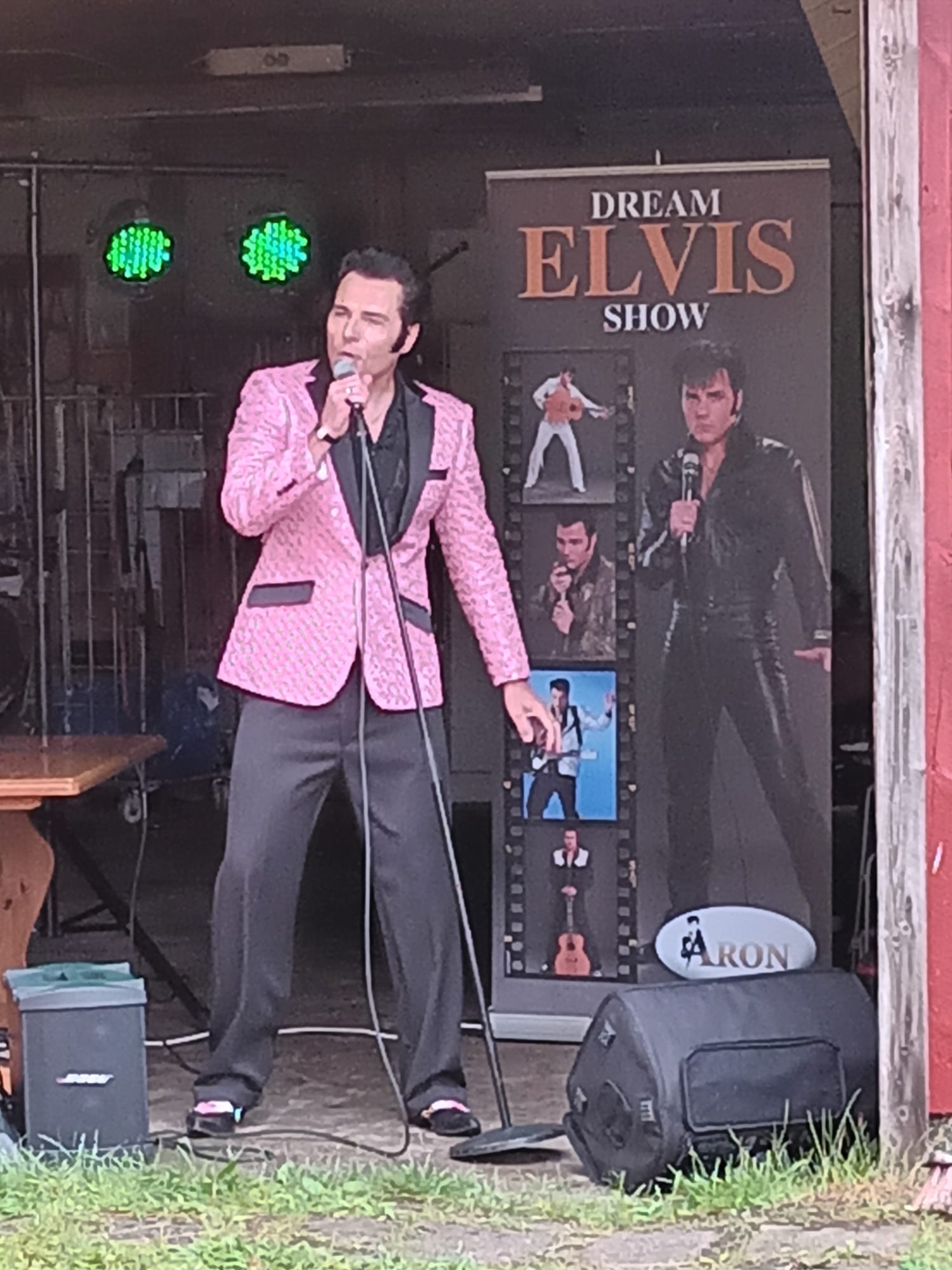 Aron laulaa mikrofoniin vaaleanpunaisessa takissa Dream Elvis Show'ssa