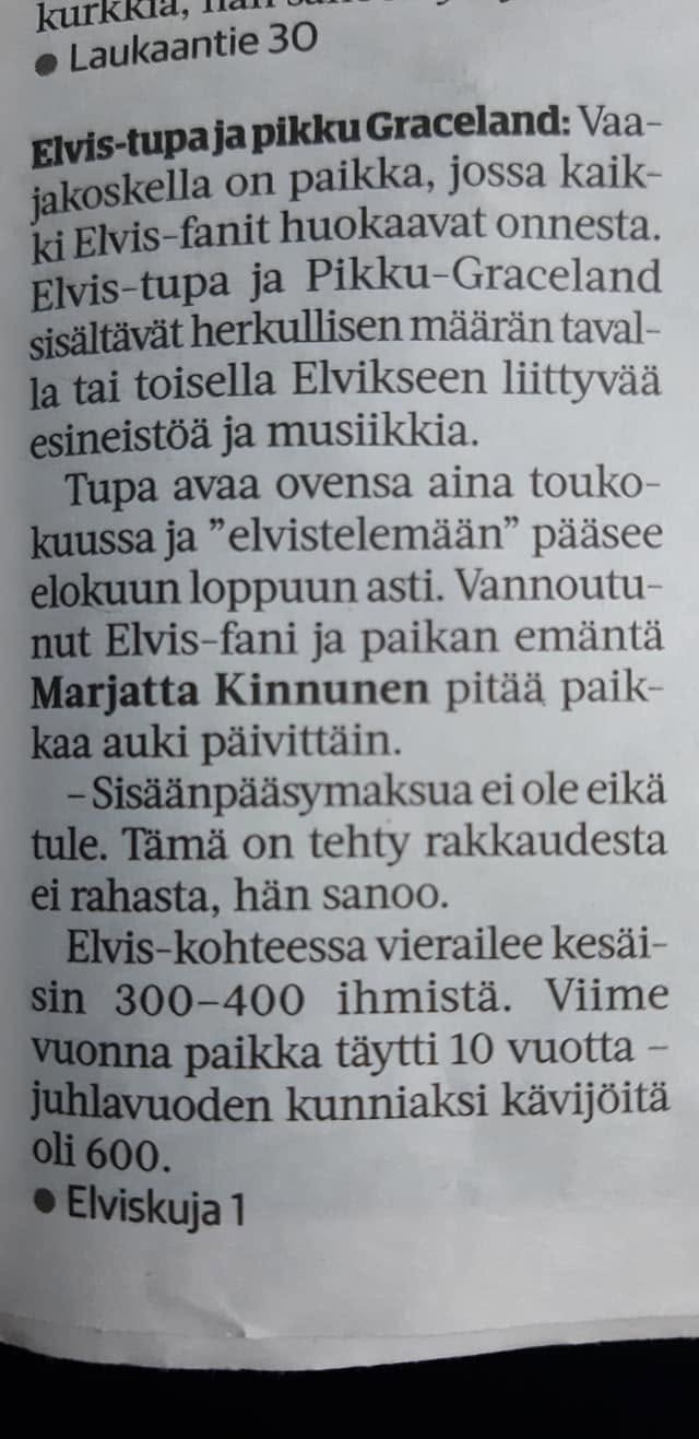 Sanomalehtijuttu Elvis-tuvasta ja Pikku Gracelandista