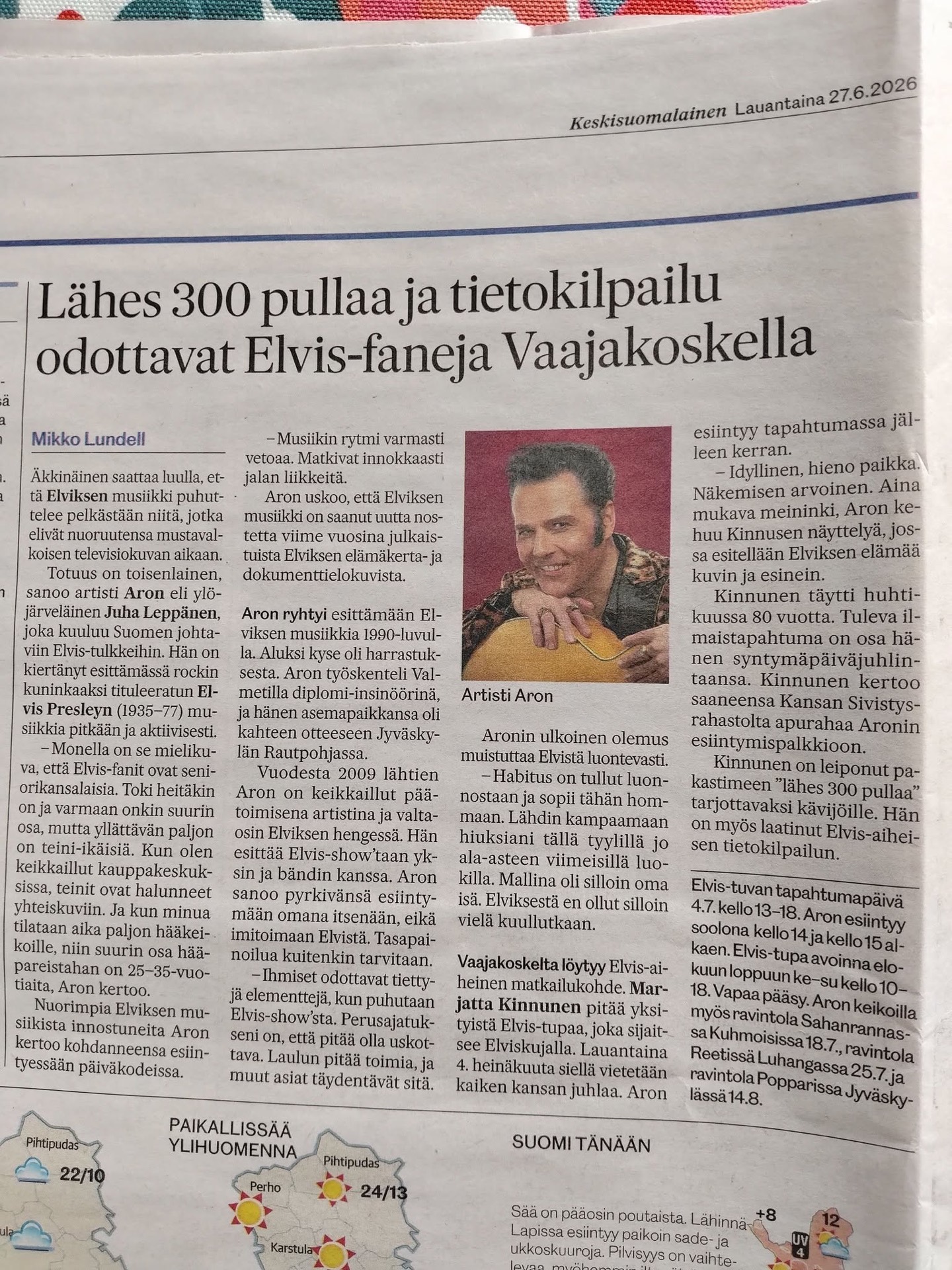 Lehtijuttu Elvis-tuvasta Keskisuomalaisessa